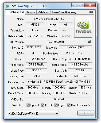 GeForce GTX 460 1GB Sonic Platinum