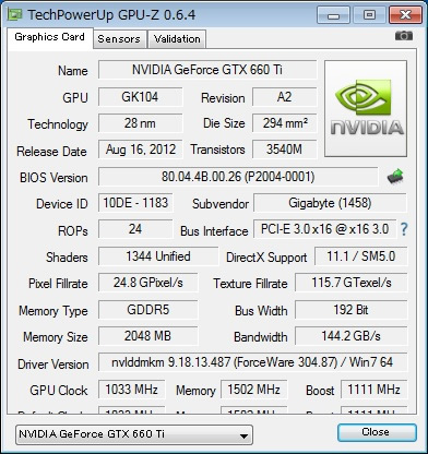 「GPU-Z 0.6.4」の結果。ベースクロック1,033MHz、ブーストクロック1,111MHzに設定されているのが確認できる