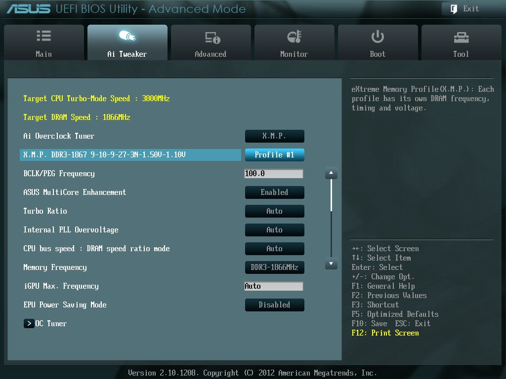 ASUSTeK製マザーボードのUEFIの場合は、「Ai Tweaker」タブにある「Ai Overclocl」の項目で、「X.M.P.」を選べばオーケー