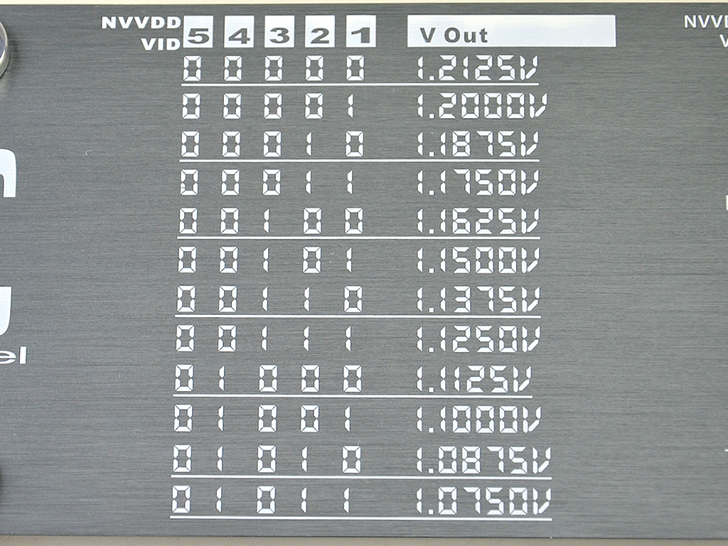 本体左側にはGPU VCore電圧の設定一欄が。5つ並んだ設定スイッチの組み合わせで12段階の電圧調整に対応する