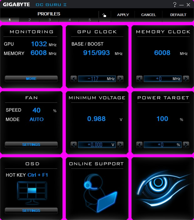 GIGABYTEのチューニングツール「OC GURU II」。ブーストクロックがベースクロックと連動しているため、993MHzとリファレンスよりやや高め
