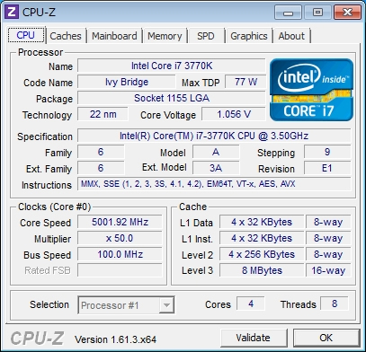 5.00GHz動作時のCPU-Z 1.61.3の結果
