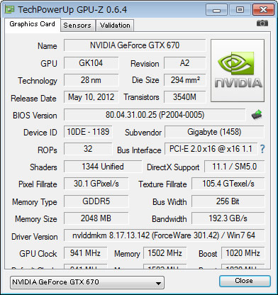 「GPU-Z 0.6.4」の結果。設定はベースクロック941MHz、ブーストクロック1020MHz、メモリクロック1,502MHz(6,008MHz相当)になっている