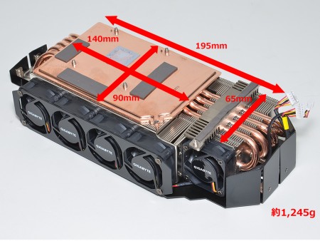 実測値140×90mmの大型受熱ベース部は、ベイパーチャンバーを採用。オーバークロックされたGPUの熱を吸い上げ、素早くVGAクーラー全体に熱を拡散させている