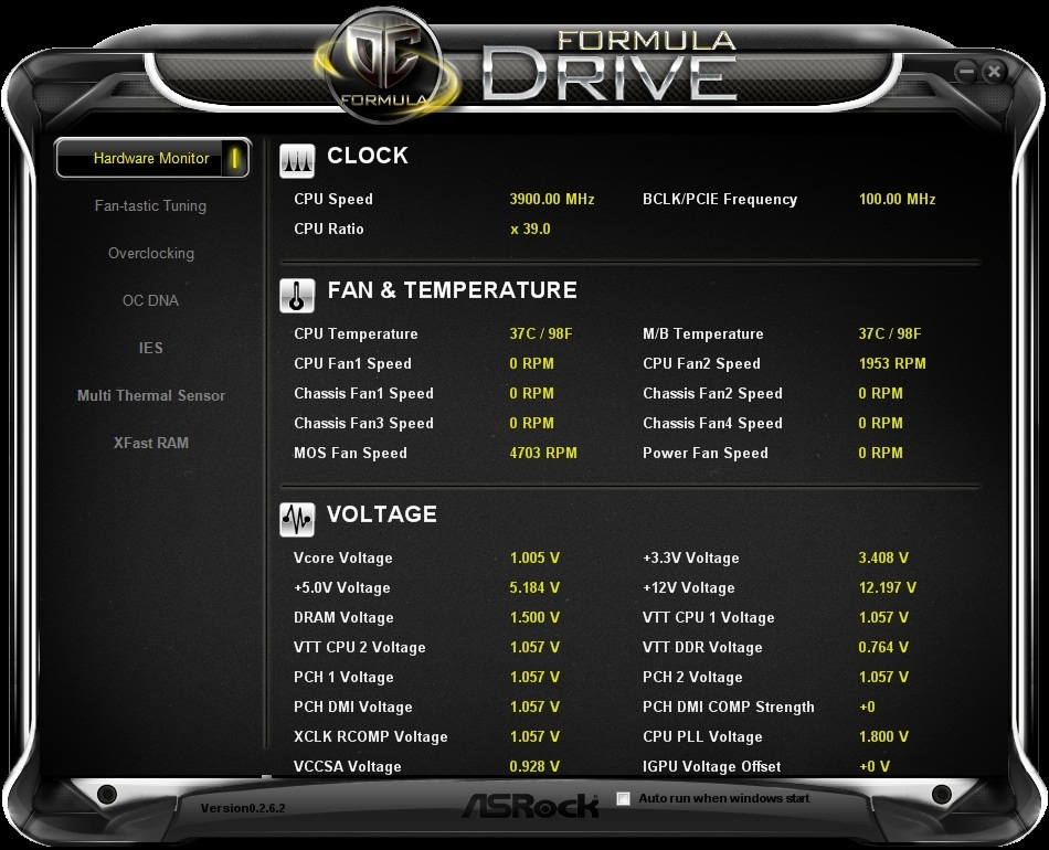 「Hardware Monitor」では、各種クロック、温度、ファンの回転数、電圧をチェックできる。「Z77 OC Formula」では詳細な電圧設定が用意されているため、オーバークロック時はこちらで設定にミスがないかチェックしておきたい