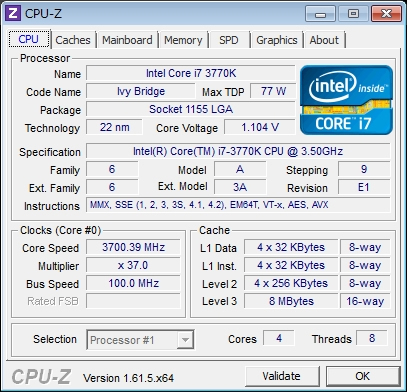 定格動作時のCPU-Z 1.61.5の結果。CPUコア電圧は1.104V前後で安定する
