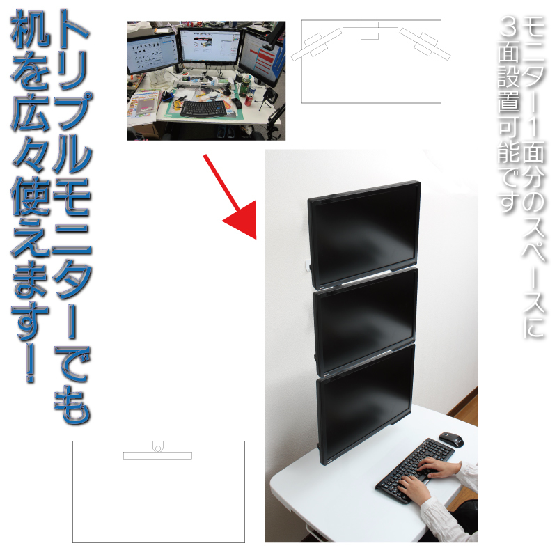 モニタが縦一列に3面設置可能。サンコー「縦型3面ロングポールモニターアーム」発売