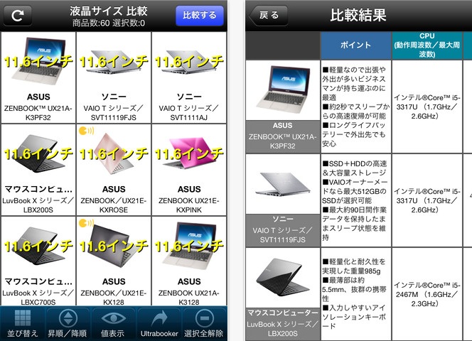 国内発売済みのUltrabookを価格や画面サイズなど複数項目で比較できる