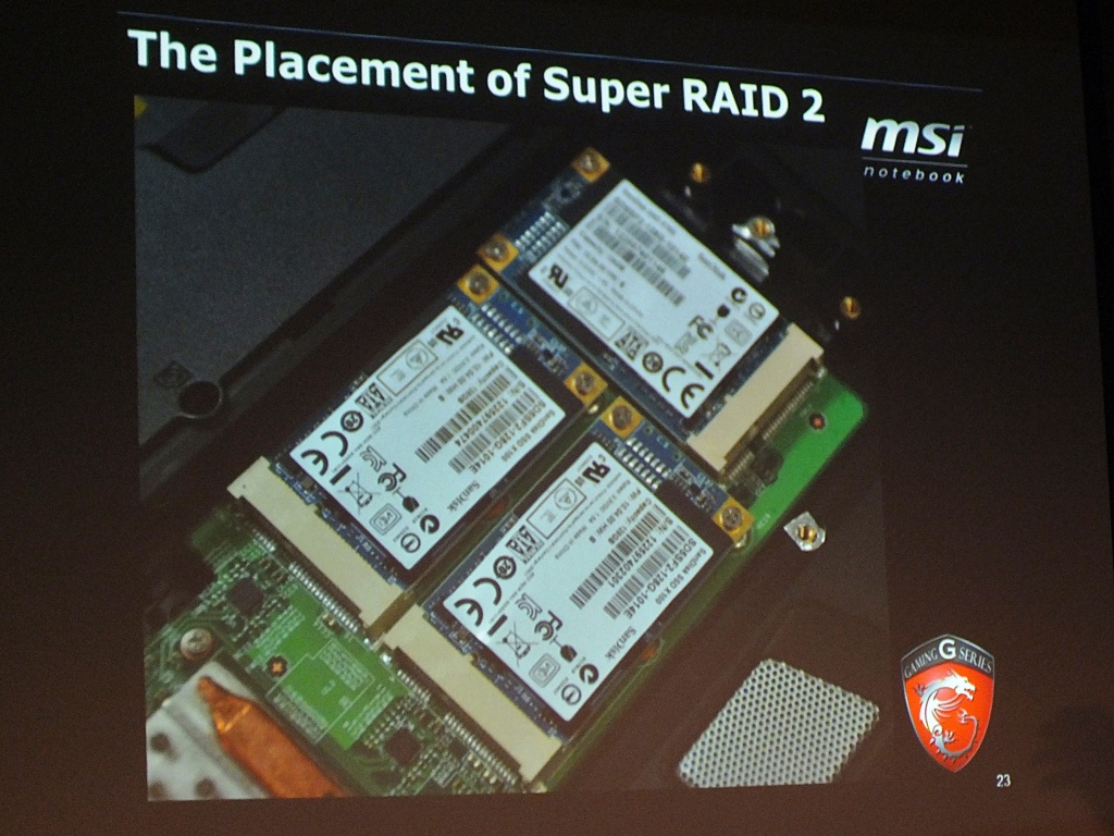 2.5インチベイにmSATA×3変換基板を搭載する「Super RAID2」。担当者に基板単体の製品化について尋ねたところ、接続に専用の配線が必要になるため単体化の予定はないとのと