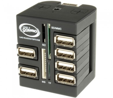 マルチカードリーダー内蔵のCube型6ポートUSB2.0ハブ、上海問屋「DN-10597」