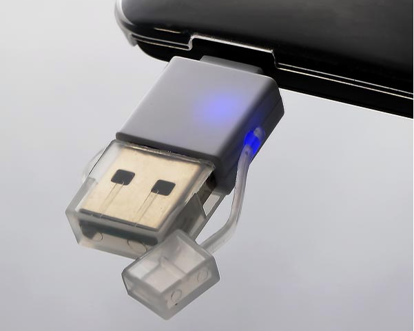 本体にはアクセスLEDを内蔵。ホコリ防止用キャップ付き
