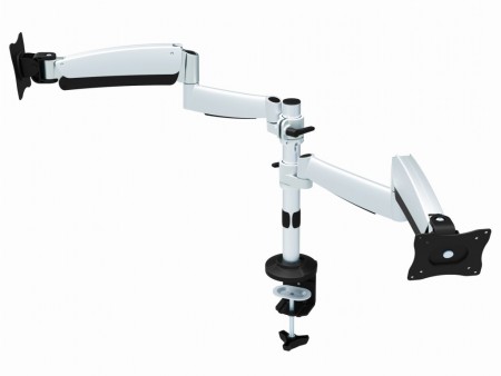 自在調節可能な4軸タイプのデュアルモニターアーム、グリーンハウス「GH-AMCA03」