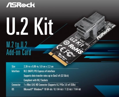 ASRock、2.5インチPCI-Express SSDをM.2に接続できる変換アダプタ「U.2 Kit」をFacebookにて公開