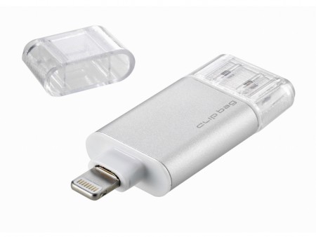 アイ・オー、汎用ケースを付けたままで使えるLightningコネクタ搭載USBメモリ「Clip Bag」