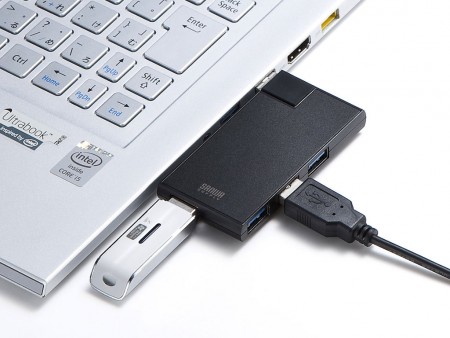 直付コネクタ部が回転するUSB3.0ハブ、サンワサプライ「USB-3HSC1BK」