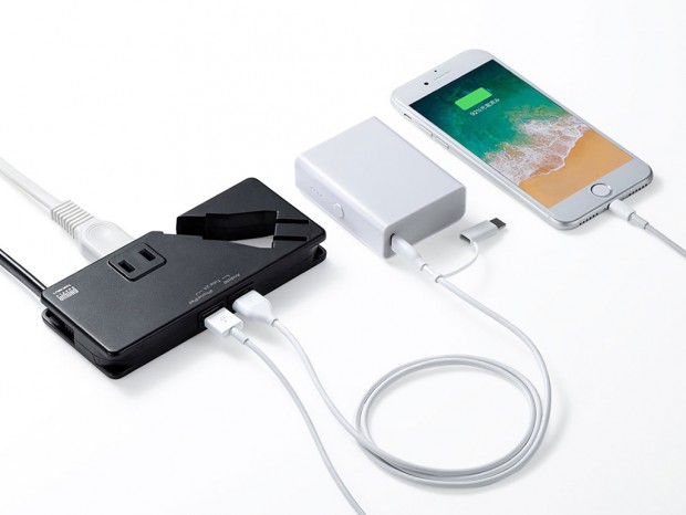 モバイル用途に設計された、USBポート付き超薄型18mmの2個口電源タップ