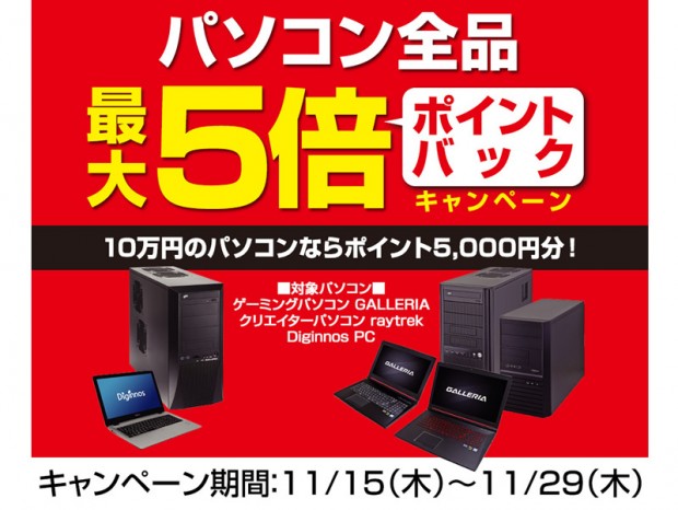 ドスパラ、11月29日まで開催の「パソコン全品 最大5倍ポイントバックキャンペーン」
