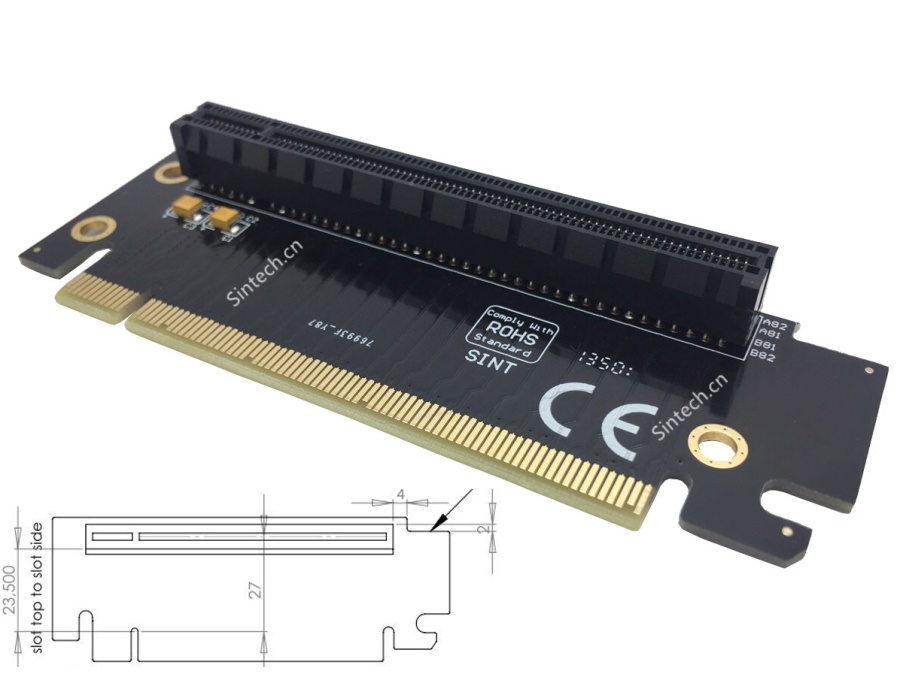 4層PCBと金メッキコネクタを採用するPCIe（x16）ライザーカードが