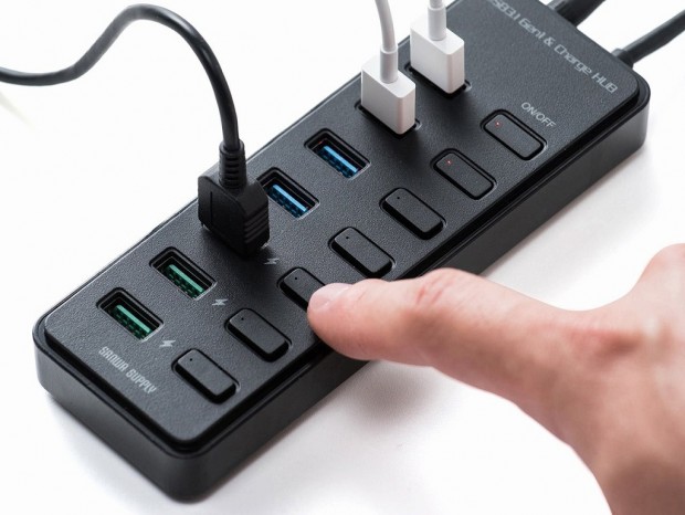 急速充電ポートを搭載した7ポートUSBハブ、サンワダイレクト「400-HUB067BK」
