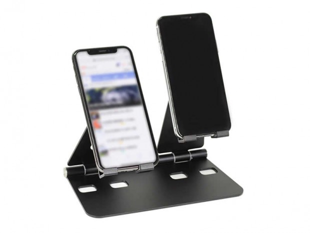 スマホの2台置きに対応したアルミ製スタンドが上海問屋から