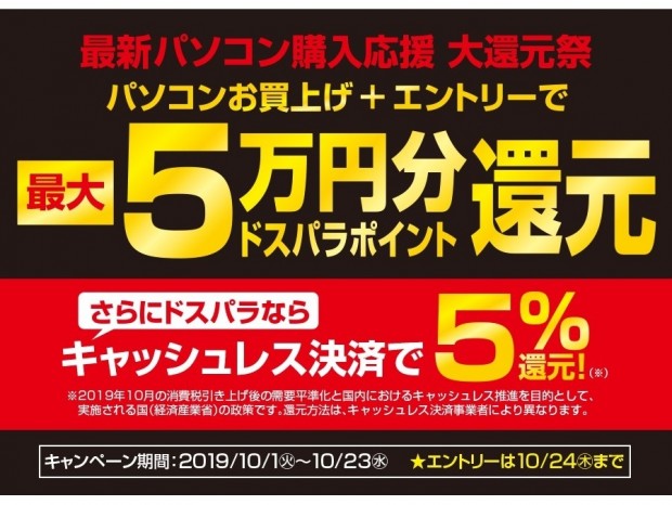 ドスパラ、最大5万円分のポイントを還元する「特大ポイントバックキャンペーン」開催中