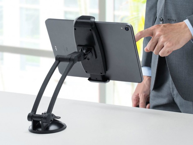 iPad Proなど大型タブレットにも対応する吸盤固定式アームがサンワダイレクトから