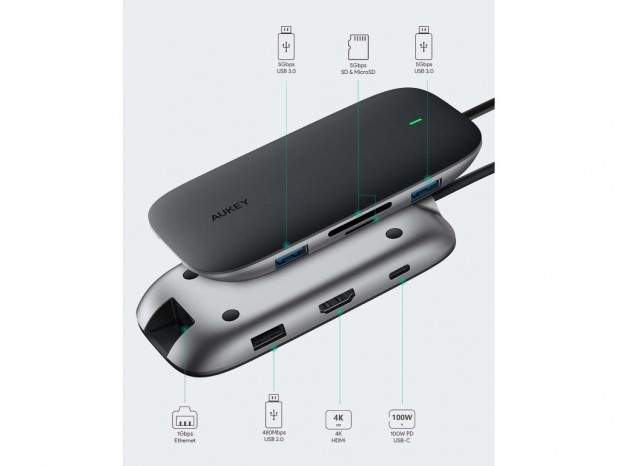 100W給電対応の8-in-1 USB Type-Cハブ、AUKEY「CB-C71」