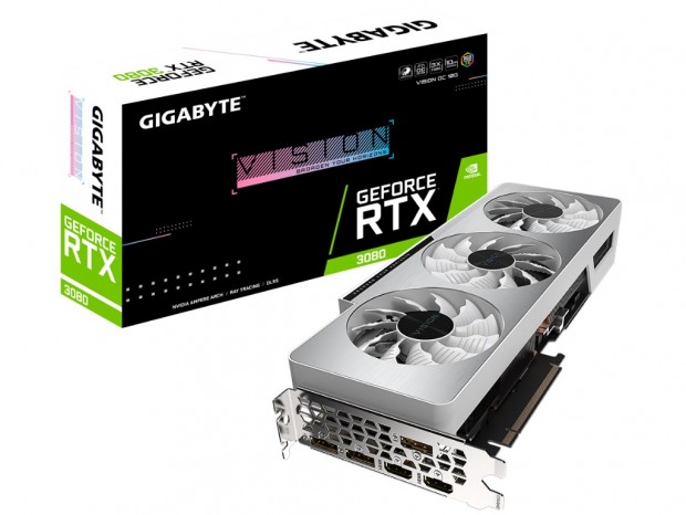 GIGABYTE、シルバーの3連ファンクーラーを搭載する「GeForce RTX 3080 VISION OC 10G」