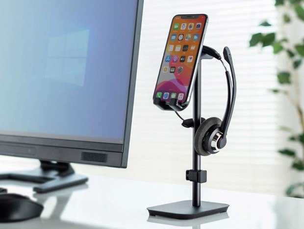 サンワサプライ、スマホとヘッドホンを収納できるニコイチスタンド「PDA-STN40BK」
