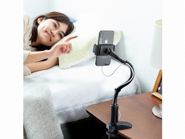 サンワ、スマホを手ぶら操作できるクランプ固定のフレキシブルホルダー発売