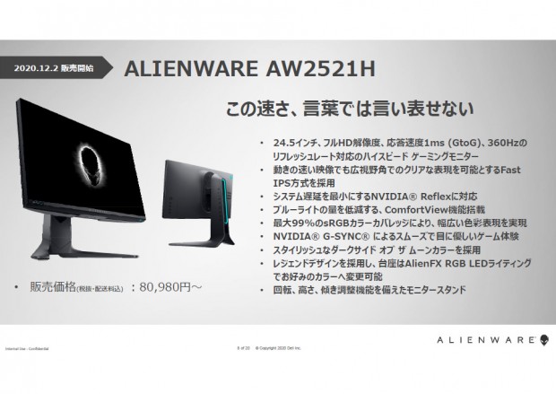 デル、360Hz対応の超高速IPSゲーミング液晶「ALIENWARE AW2521H」など