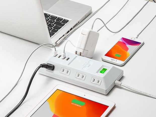 複数人で挿せる、ミーティングテーブルに便利なUSB充電ポート付きタップ平型