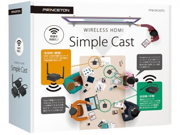 ケーブル1本で接続できるワイヤレスプレゼンテーション、プリンストン「Simple Cast2」