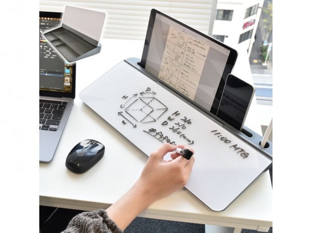 スマホスタンドと収納付き、デスクがスッキリする卓上ホワイトボードがサンコーから