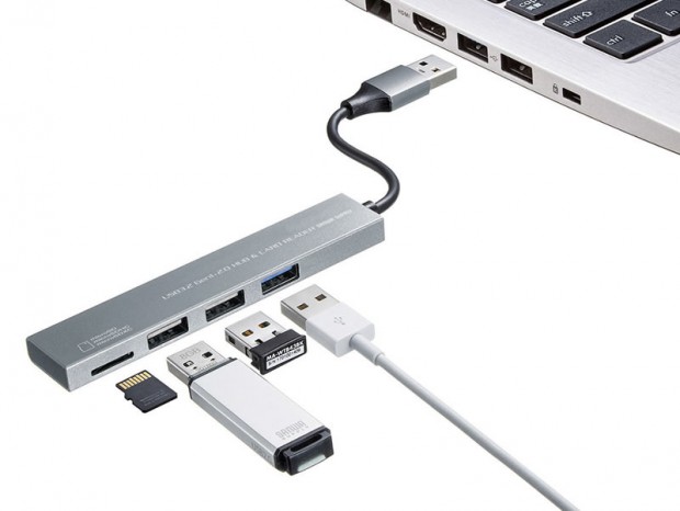 超薄型でmicroSDカードリーダー付のUSB3.2 Gen.1＋USB2.0コンボハブ