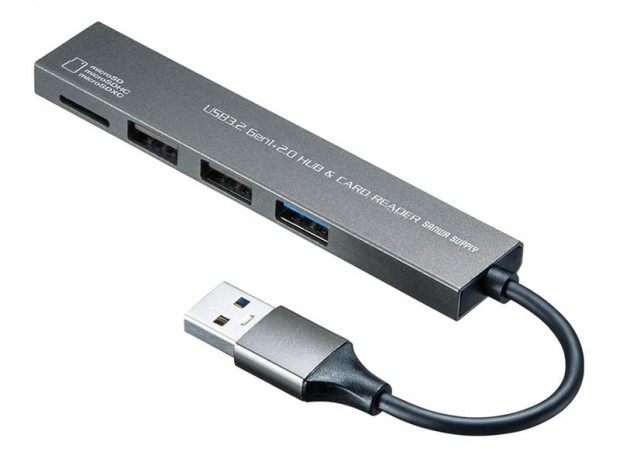 超薄型でmicroSDカードリーダー付のUSB3.2 Gen.1＋USB2.0コンボハブ