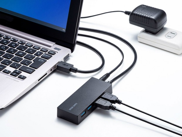 スライド式フックでネジ固定もできるセルフパワー対応USB3.2 Gen.1ハブ