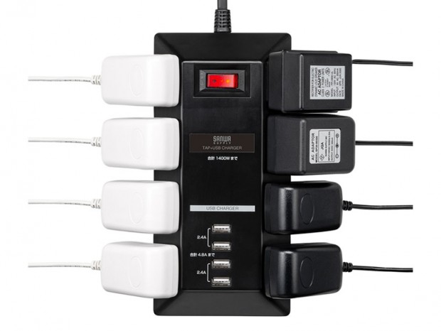 グループミーティングに便利な両側から挿せるUSB充電ポート付き平型タップ