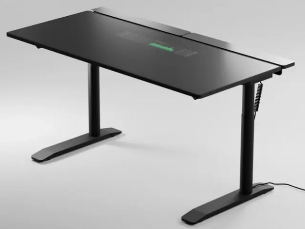 強化ガラス天板にディスプレイを仕込んだ昇降デスク「Lumina Desk」