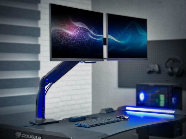 35型液晶を2台搭載できる堅牢なデュアルディスプレイアーム、COUGAR「DUO35」