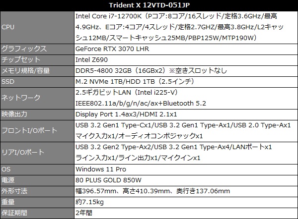 Trident X_12VTD-051JPスペック表