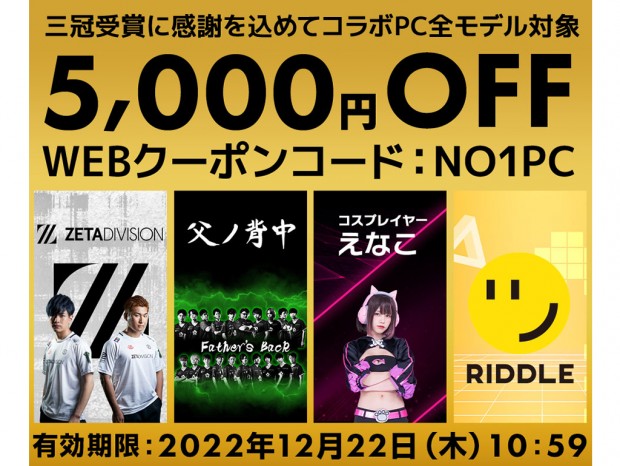 LEVEL∞、インターネット調査で3冠受賞でコラボPC全モデル5,000円OFFクーポンを配布