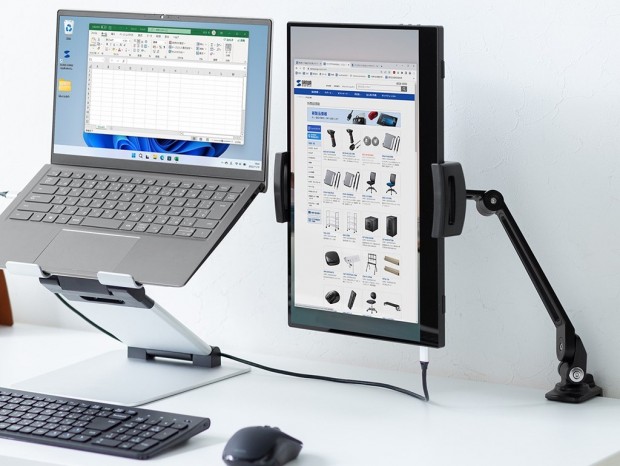 サンワダイレクト、15.8型のモバイル液晶を固定できるクランプ式モニターアーム