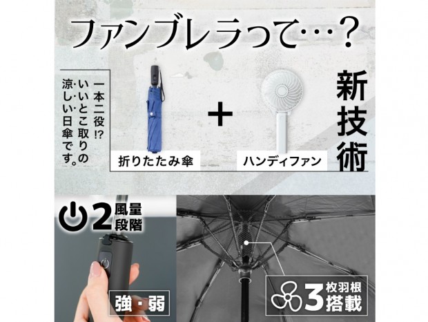 扇風機を搭載した折り畳み傘、サンコー「ファンで涼む新しい日傘『折りたたみファンブレラ』」