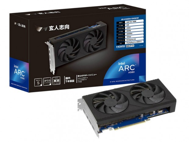 デュアルファンクーラー搭載のArc A580グラフィックスカード、玄人志向「AR-A580D6-E8GB/DF」