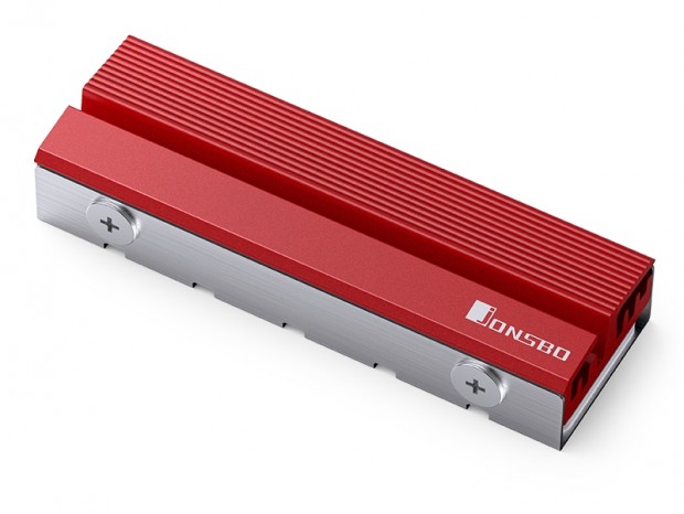 レッドとグレーの2色がラインナップするM.2 SSD向け薄型ヒートシンクがJONSBOから