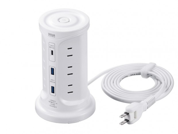 サンワダイレクト、15台をまとめて充電できるUSBポート付きタワー型電源タップ