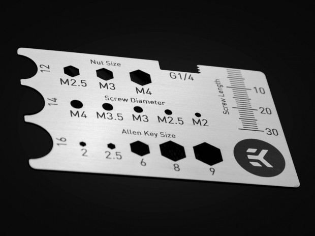 本格水冷で使用するパーツを瞬時に計測できる「EK-Loop Stainless Steel Gauge Card」