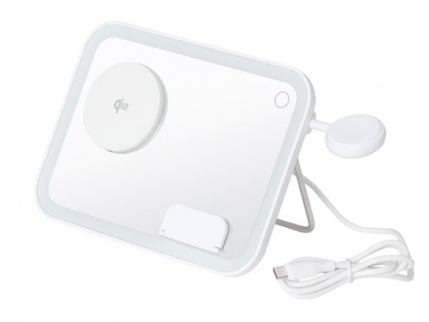 サンコー、身だしなみチェックとアップル3種デバイス充電ができる「3in1ワイヤレスチャージャー」
