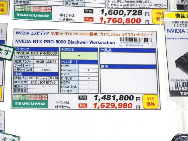 アキバ取材班) メモリ96GBで価格約163万円の「NVIDIA RTX PRO 6000